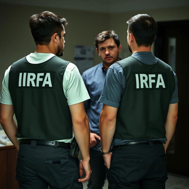 Two analyst investigators interrogating a person, wearing t-shirts under investigation vests with "IRFA" written in white letters on the back, and pants with pockets