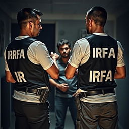 Two analyst investigators interrogating a person, wearing t-shirts under investigation vests with "IRFA" written in white letters on the back, and pants with pockets