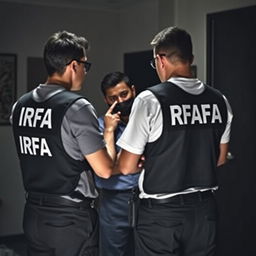 Two analyst investigators interrogating a person, wearing t-shirts under investigation vests with "IRFA" written in white letters on the back, and pants with pockets