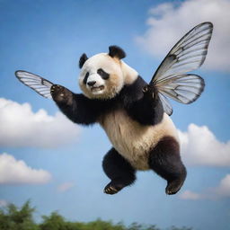 A real-life representation of a panda with butterfly wings, soaring through the sky, capturing the grace and beauty of flight.