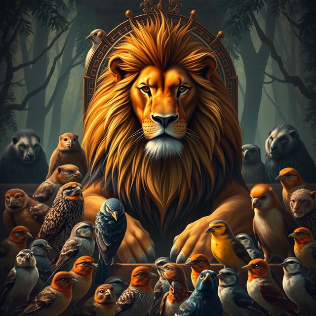 The majestic lion king, sitting regally in his grand court, surrounded by a diverse array of forest animals and birds