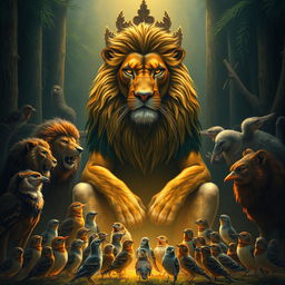 The majestic lion king, sitting regally in his grand court, surrounded by a diverse array of forest animals and birds