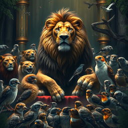 The majestic lion king, sitting regally in his grand court, surrounded by a diverse array of forest animals and birds