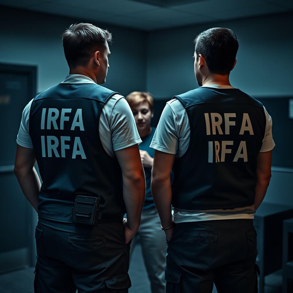 Two analyst investigators interrogating a person, wearing t-shirts under investigation vests with "IRFA" written in white letters on the back, and pants with pockets