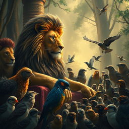 The majestic lion king, sitting regally in his grand court, surrounded by a diverse array of forest animals and birds