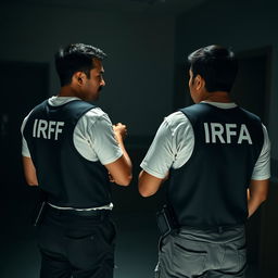 Two analyst investigators interrogating a person, wearing t-shirts under investigation vests with "IRFA" written in white letters on the back, and pants with pockets