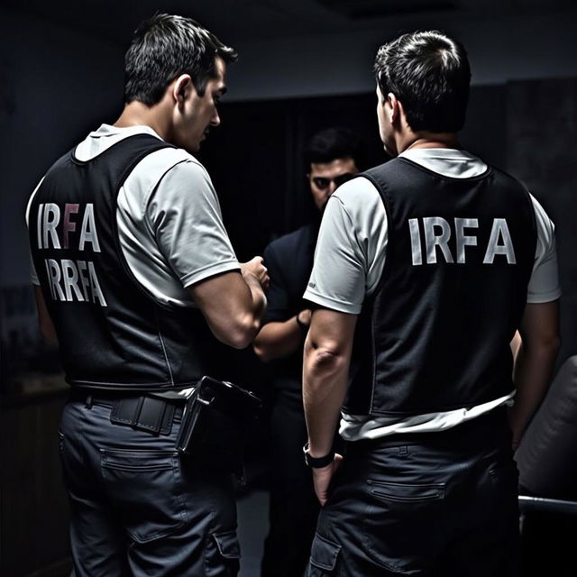 Two analyst investigators interrogating a person, wearing t-shirts under investigation vests with "IRFA" written in white letters on the back, and pants with pockets