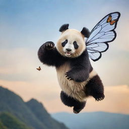 A real-life representation of a panda with butterfly wings, soaring through the sky, capturing the grace and beauty of flight.