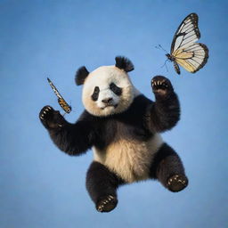 A real-life representation of a panda with butterfly wings, soaring through the sky, capturing the grace and beauty of flight.