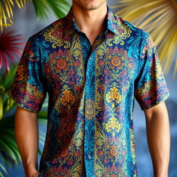 A beautifully designed traditional batik shirt with intricate patterns, showcasing a rich fusion of vibrant colors and cultural heritage