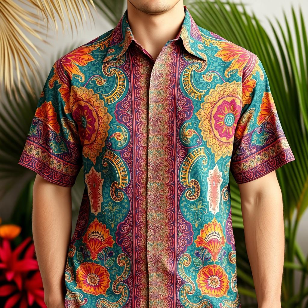 A beautifully designed traditional batik shirt with intricate patterns, showcasing a rich fusion of vibrant colors and cultural heritage