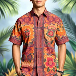 A beautifully designed traditional batik shirt with intricate patterns, showcasing a rich fusion of vibrant colors and cultural heritage