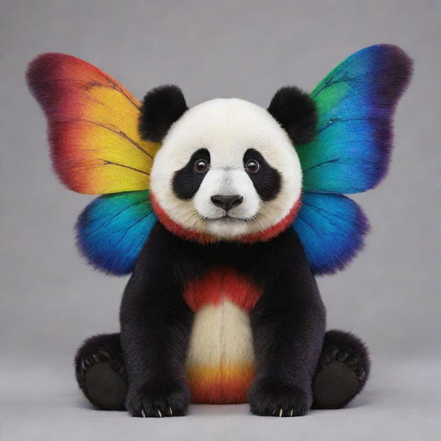 A vividly colored, realistic hybrid of a panda with butterfly wings, popping with rich hues from the full spectrum of a rainbow.