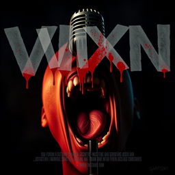 Create a movie poster for the slasher film "VIXN" where the title is the main feature, with bold, blood-dripping letters that capture the viewer's attention