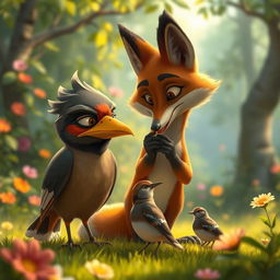 A scene depicting a myna bird with a facial expression of embarrassment and sadness as a fox, portrayed in an anthropomorphic style, gently removes her golden beak and places it on a nearby sparrow