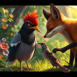 A scene depicting a myna bird with a facial expression of embarrassment and sadness as a fox, portrayed in an anthropomorphic style, gently removes her golden beak and places it on a nearby sparrow