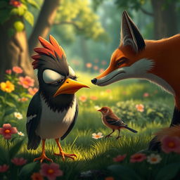 A scene depicting a myna bird with a facial expression of embarrassment and sadness as a fox, portrayed in an anthropomorphic style, gently removes her golden beak and places it on a nearby sparrow