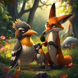 A scene depicting a myna bird with a facial expression of embarrassment and sadness as a fox, portrayed in an anthropomorphic style, gently removes her golden beak and places it on a nearby sparrow