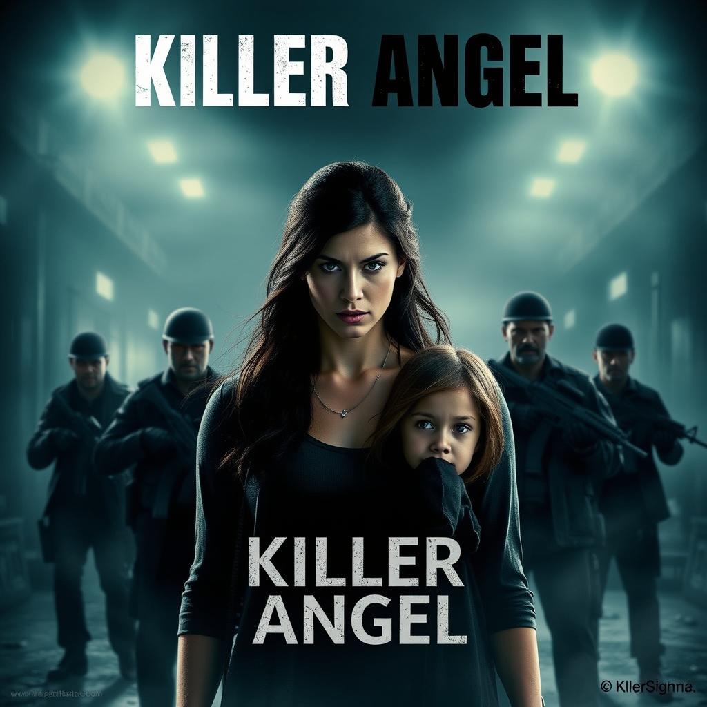 A gripping movie poster for 'Killer Angel', showcasing a brave woman standing protectively in front of her sister, confronting a menacing group of armed men in the background