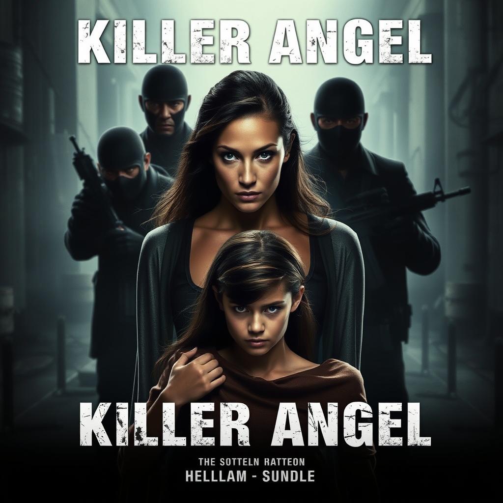 A gripping movie poster for 'Killer Angel', showcasing a brave woman standing protectively in front of her sister, confronting a menacing group of armed men in the background