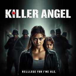 A gripping movie poster for 'Killer Angel', showcasing a brave woman standing protectively in front of her sister, confronting a menacing group of armed men in the background