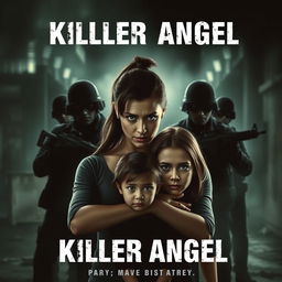 A gripping movie poster for 'Killer Angel', showcasing a brave woman standing protectively in front of her sister, confronting a menacing group of armed men in the background