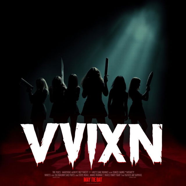 Craft a movie poster for the intense slasher film "VIXN" with the title as the main attraction, presented in bold, blood-dripping letters