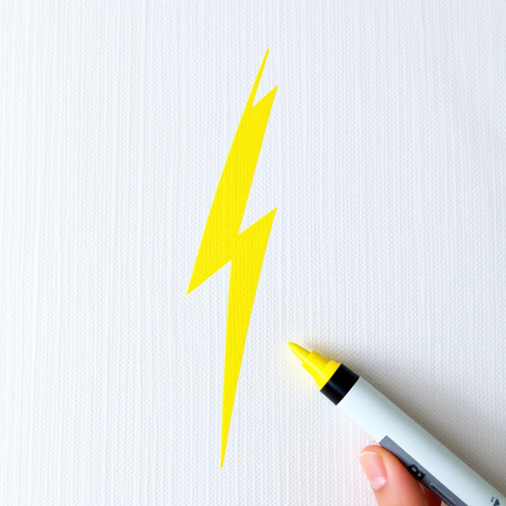 Draw a bright yellow lightning bolt using a marker on a canvas