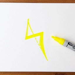 Draw a bright yellow lightning bolt using a marker on a canvas