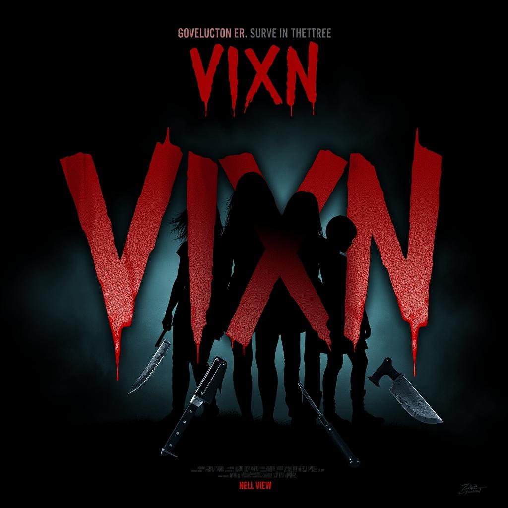 Design a movie poster for the slasher film "VIXN" with the title prominently featured in bold, blood-dripping letters