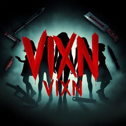 Design a movie poster for the slasher film "VIXN" with the title prominently featured in bold, blood-dripping letters