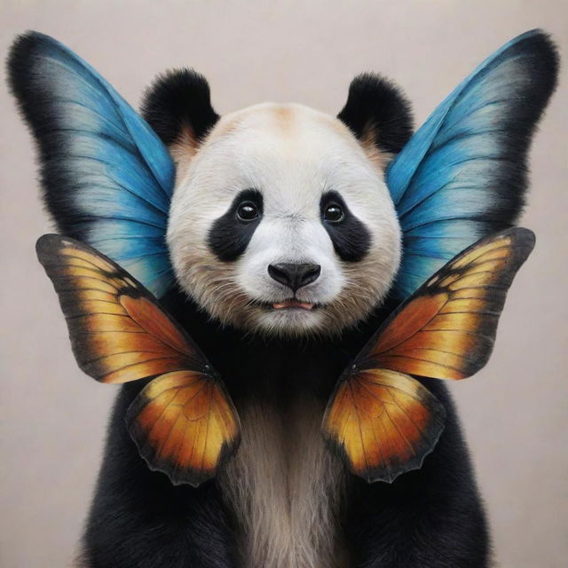 Maintain a high level of realism in the artwork, use a realistic style to depict the panda, butterfly wings, while preserving the fur texture, colors, and intricate pattern of the wings.