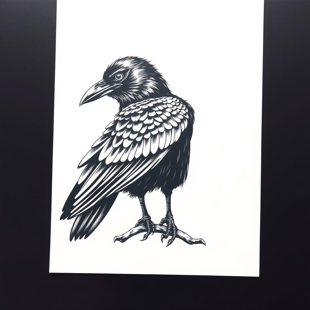 Create a detailed drawing of a raven using a black marker on a white sheet of paper