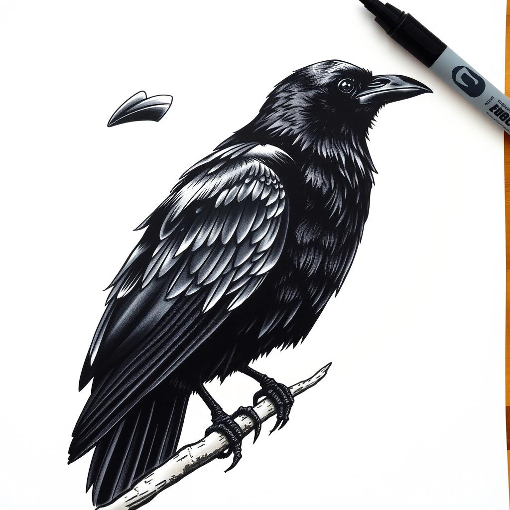 Create a detailed drawing of a raven using a black marker on a white sheet of paper