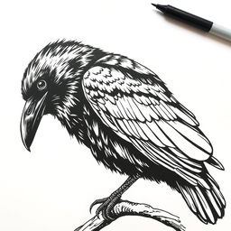 Create a detailed drawing of a raven using a black marker on a white sheet of paper