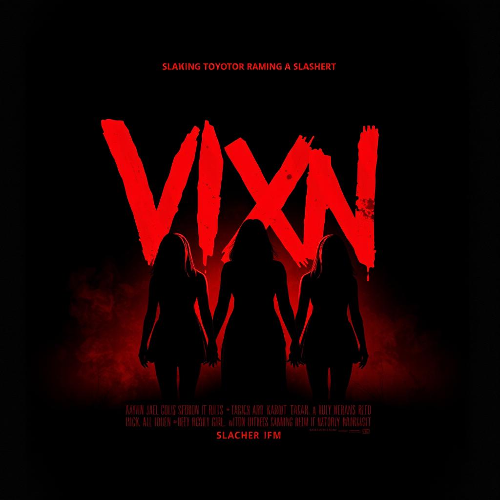 Design a movie poster for the slasher film "VIXN" with the title prominently featured in bold, blood-dripping letters