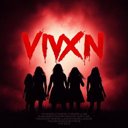 Design a movie poster for the slasher film "VIXN" with the title prominently featured in bold, blood-dripping letters