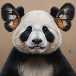 Maintain a high level of realism in the artwork, use a realistic style to depict the panda, butterfly wings, while preserving the fur texture, colors, and intricate pattern of the wings.