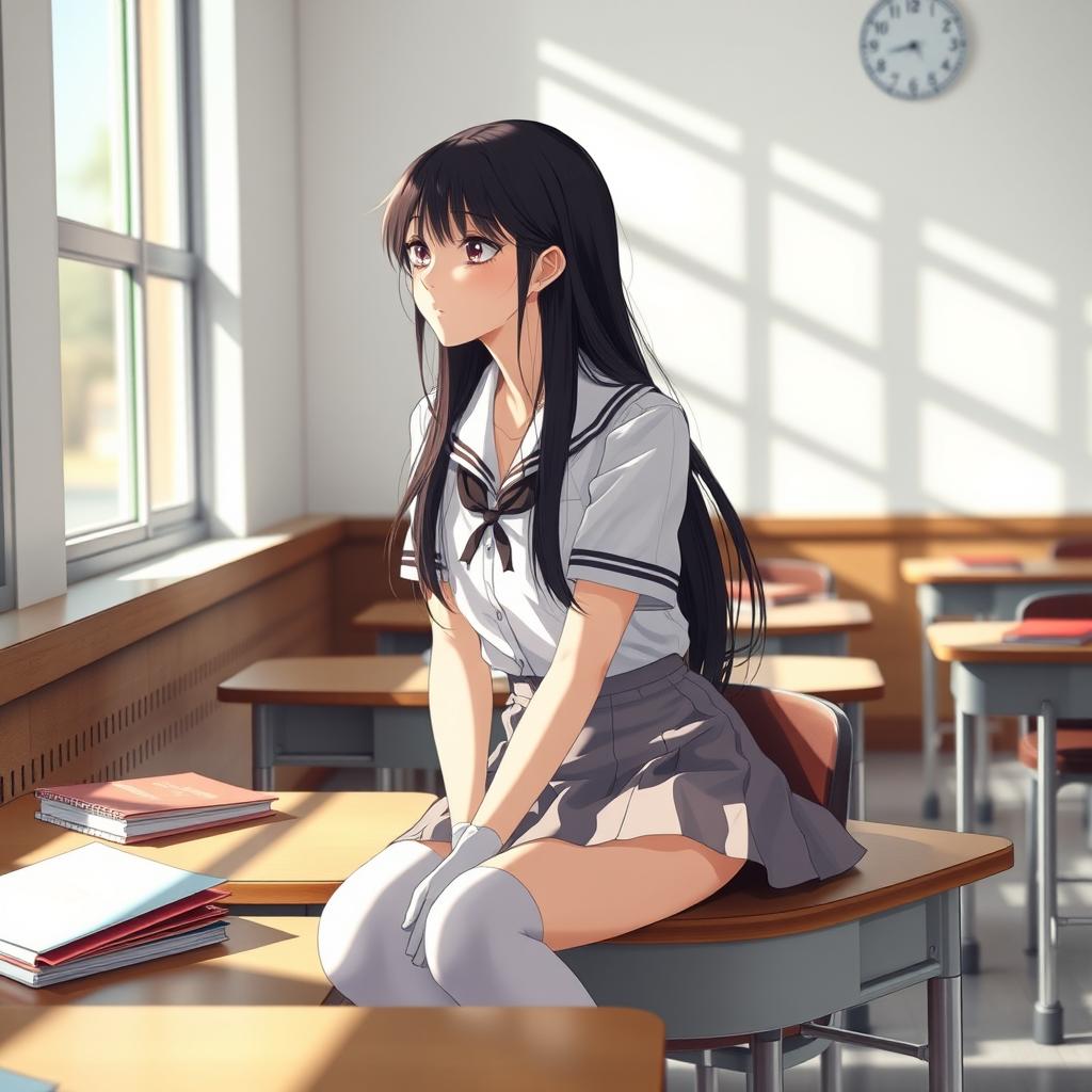 A tired yet attractive schoolgirl sitting at her desk in a classroom, with a relaxed posture and a distant expression as she gazes out of the window