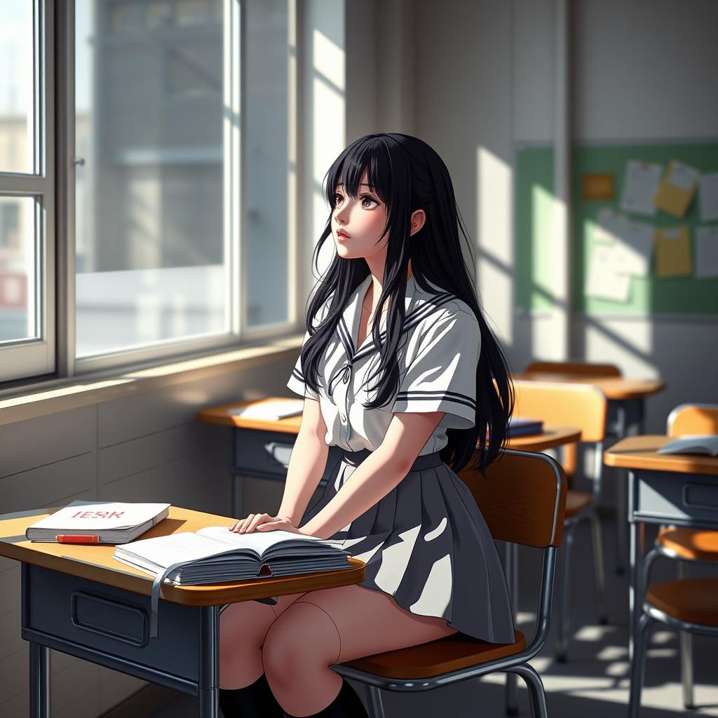 A tired yet attractive schoolgirl sitting at her desk in a classroom, with a relaxed posture and a distant expression as she gazes out of the window