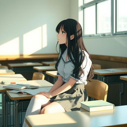 A tired yet attractive schoolgirl sitting at her desk in a classroom, with a relaxed posture and a distant expression as she gazes out of the window