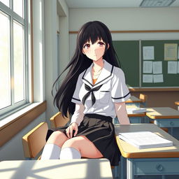 A tired yet attractive schoolgirl sitting at her desk in a classroom, with a relaxed posture and a distant expression as she gazes out of the window