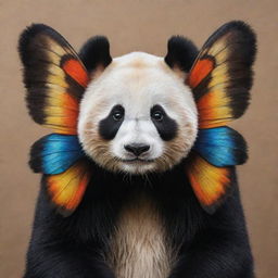 Maintain a high level of realism in the artwork, use a realistic style to depict the panda, butterfly wings, while preserving the fur texture, colors, and intricate pattern of the wings.