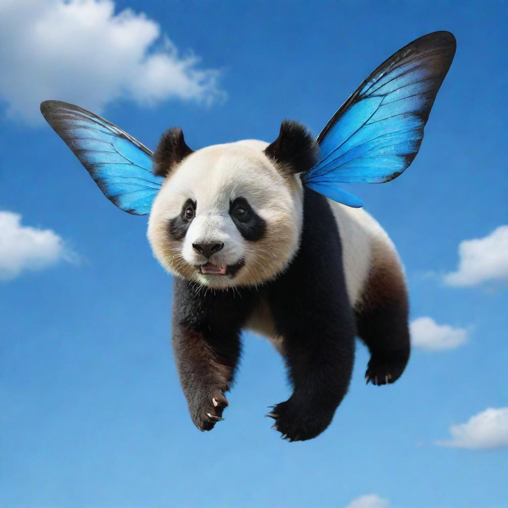 A realistic rendering of a panda-butterfly hybrid creature, captured mid-flight against the vibrant backdrop of a blue sky, with details that portray the grace and agility of flight.