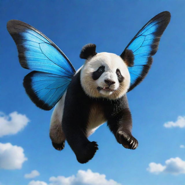 A realistic rendering of a panda-butterfly hybrid creature, captured mid-flight against the vibrant backdrop of a blue sky, with details that portray the grace and agility of flight.