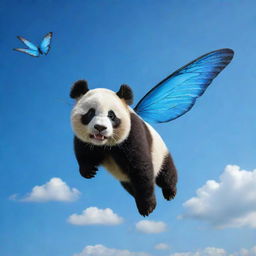 A realistic rendering of a panda-butterfly hybrid creature, captured mid-flight against the vibrant backdrop of a blue sky, with details that portray the grace and agility of flight.