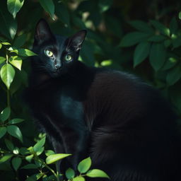 a seductive cat, sleek and elegant, with shiny black fur and striking green eyes, posing in a playful manner, surrounded by lush green foliage and gentle sunlight filtering through, creating a mystical and enchanting atmosphere