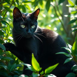 a seductive cat, sleek and elegant, with shiny black fur and striking green eyes, posing in a playful manner, surrounded by lush green foliage and gentle sunlight filtering through, creating a mystical and enchanting atmosphere