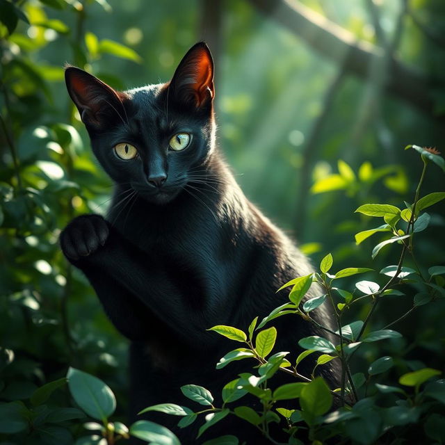 a seductive cat, sleek and elegant, with shiny black fur and striking green eyes, posing in a playful manner, surrounded by lush green foliage and gentle sunlight filtering through, creating a mystical and enchanting atmosphere