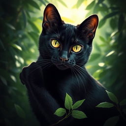 a seductive cat, sleek and elegant, with shiny black fur and striking green eyes, posing in a playful manner, surrounded by lush green foliage and gentle sunlight filtering through, creating a mystical and enchanting atmosphere